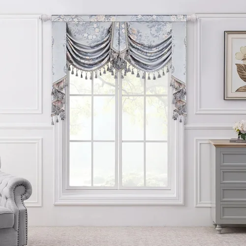 Miniatura 9 de Loom and Mill Cenefa de cascada de lujo, de jacquard, para sala de estar y dormitorio, elegantes cenefas florales europeas con borlas, cortinas azul