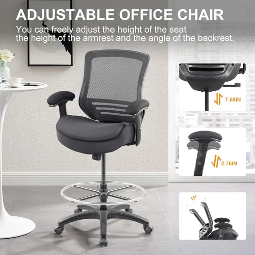 Miniatura 5 de Silla de dibujo de oficina de 400 libras, cojín de asiento doble ancho para escritorio de alto pie con soporte lumbar y reposapiés ajustable Negro