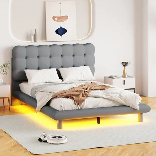Miniatura 29 de Cama de plataforma flotante, marco de cama de madera tamaño individual con rayas claras, tela de lino suave y cabecera de diseño capitoné