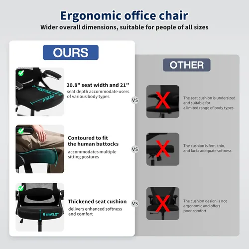 Miniatura 5 de Silla de oficina ergonómica, silla de escritorio con soporte lumbar ajustable, sillas de computadora cómodas de malla transpirable con reposabrazos