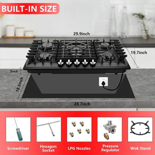 Miniatura 5 de Cocina de gas de 30 pulgadas, estufa de gas integrada de 5 quemadores de acero inoxidable, estufa de gas convertible a propano/gas natural, estufa