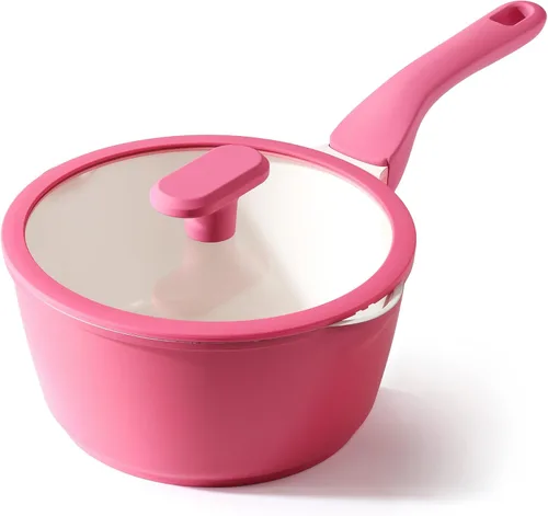 Miniatura 27 de PRICUSIS Cacerola antiadherente de cerámica con tapa, olla no tóxica de 1.3 cuartos de galón con boquillas de vertido, totalmente revestida, 100%