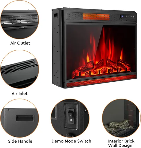 Miniatura 9 de COSTWAY - Chimenea eléctrica de inserción de 28 pulgadas de ancho, 900/1350W, calentador empotrado y de pie con control remoto, 3 colores de llama
