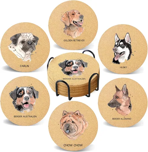 Miniatura 13 de Juego de 6 posavasos de café para bebidas con soporte, posavasos de madera de corcho absorbente para escritorio, mesa de oficina, decoración