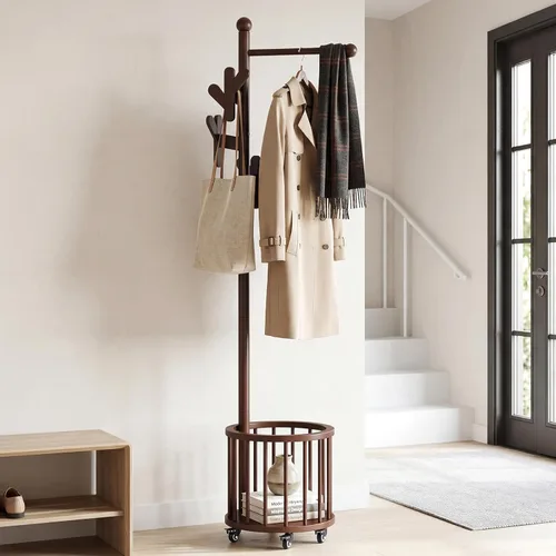 Miniatura 10 de CozyDH Perchero de madera con soporte para paraguas y ruedas, perchero independiente con múltiples ganchos, resistente para entrada, dormitorio