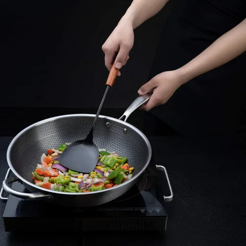 Miniatura 6 de FJNATINH Juego de espátula y cucharón para wok de 17 pulgadas, cuchara espumadora, espátula ranurada, juego de utensilios de cocina de acero