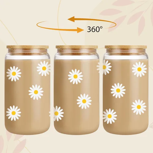 Miniatura 2 de GSPY Daisy Regalos Estéticos, Taza de Café Helado, Lindas Tazas de Vidrio con Tapas y Popotes - Lindas Tazas, Taza de Flores, Vaso de Vidrio
