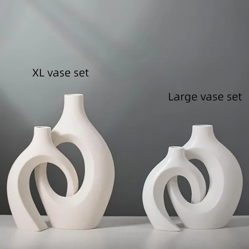 Miniatura 2 de Levvohd XL Juego de 2 jarrones beige de cerámica para decoración moderna del hogar, jarrones huecos florales modernos de estilo bohemio ecléctico