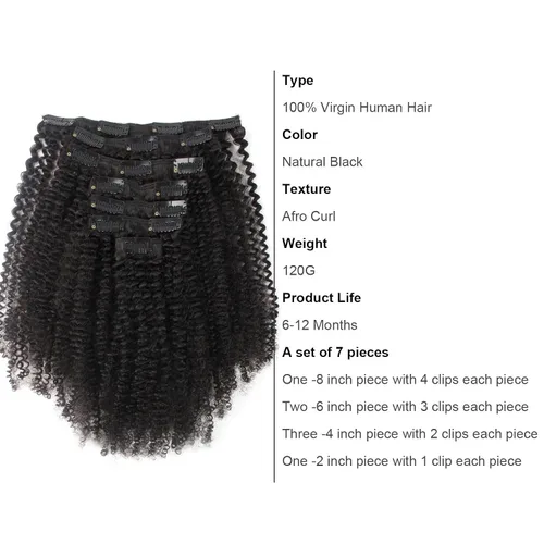 Miniatura 3 de ABH AMAZINGBEAUTY HAIR Extensiones de cabello humano real con clip, 4A 4B, rizado con clip, 4.23 oz, 7 piezas, 17 clips, 4.23 oz, color negro #1B