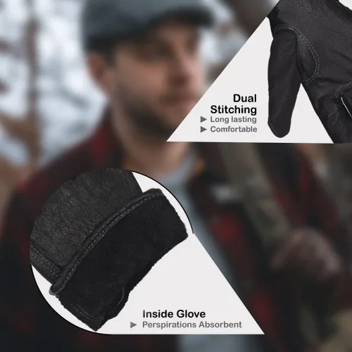 Miniatura 4 de Guantes de cuero de búfalo premium, guantes de trabajo sin forro (negro)