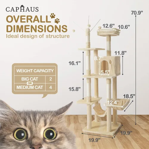 Miniatura 2 de CAPHAUS Torre de escalada alta moderna para juego en interiores para gatos grandes y gatitos, de 70 pulgadas con percha superior, casa cueva