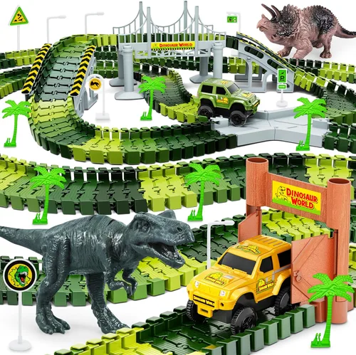Pistas de dinosaurios, 271 piezas Create A Dinosaur World Road Race para niños, juguetes flexibles de tren con 2 autos de carreras geniales y 2