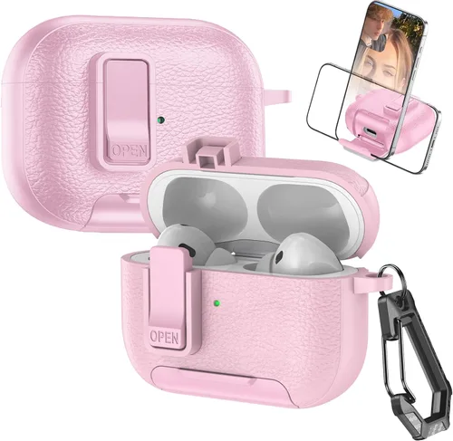 Miniatura 12 de Funda de cuero con clip de bloqueo para AirPods Pro 2ª/1ª con mosquetón, soporte de carga inalámbrica con soporte, cubierta de protección resistente