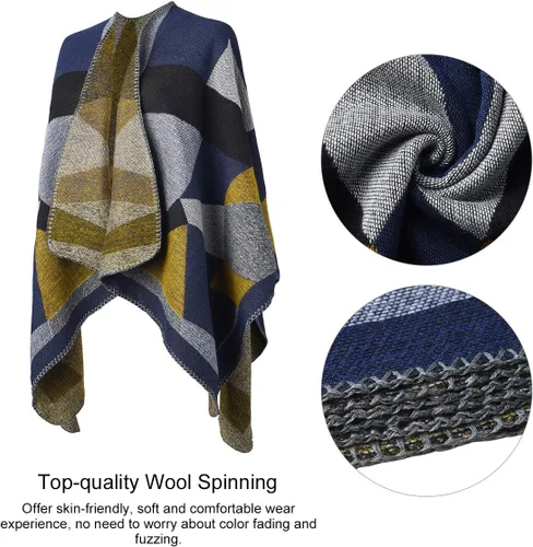 Miniatura 3 de OOPOR Chal cálido de invierno para mujer, capa de lana de punto para otoño, ponchos a cuadros, suéter, bufanda de forro polar