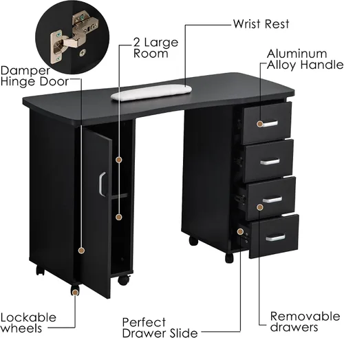 Miniatura 8 de BarberPub Mesa de manicura, escritorio de uñas resistente a la acetona, mesa de uñas con 4 cajones, 2 gabinetes, ruedas bloqueables, almohadilla