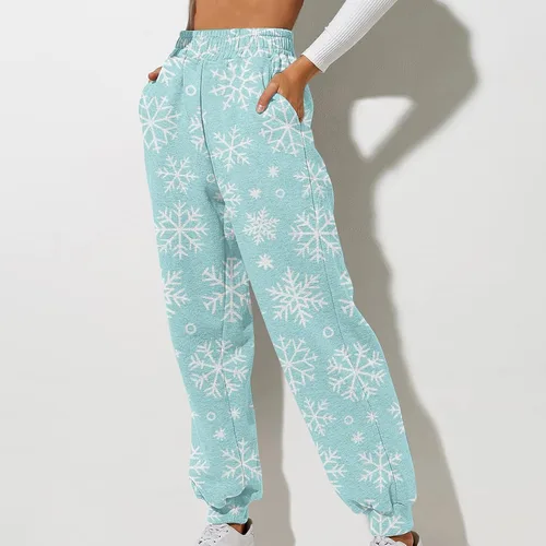 Miniatura 2 de Pantalones de chándal Estampado navideño para mujer rectos, cintura alta, elásticos, sueltos, básicos