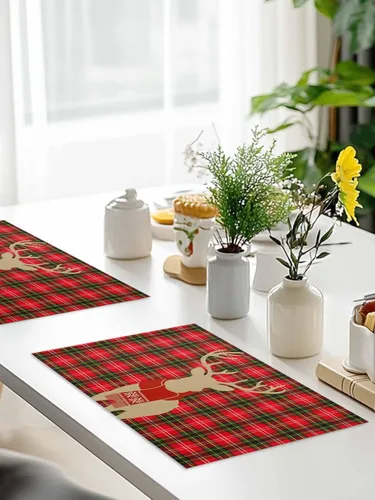 Miniatura 10 de Juego de 4 manteles individuales de reno de Navidad para mesa de comedor, alce de Navidad con bufanda, a cuadros de búfalo rojo, verde, duradero