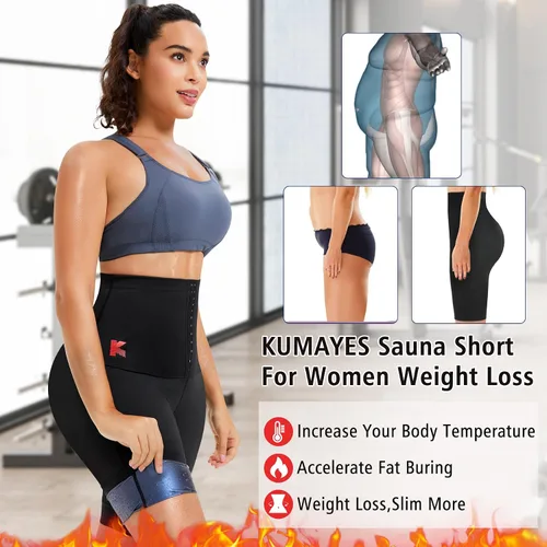 Miniatura 3 de KUMAYES - Pantalones de sauna para mujer con cintura alta, pantalones cortos adelgazantes de compresión térmica para entrenamiento, ejercicio