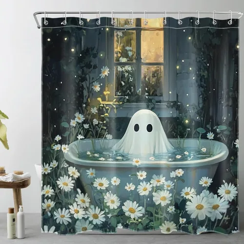 Miniatura 15 de HVEST Cortina de ducha de Halloween, linterna de calabaza y gnomo, cortina de ducha de baño, cortina de ducha de murciélago y araña, decorativa