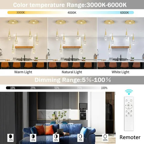 Miniatura 9 de 3 luces LED colgantes para isla de cocina, lámpara regulable dorada, moderna iluminación colgante de cristal para comedor, dormitorio, sala