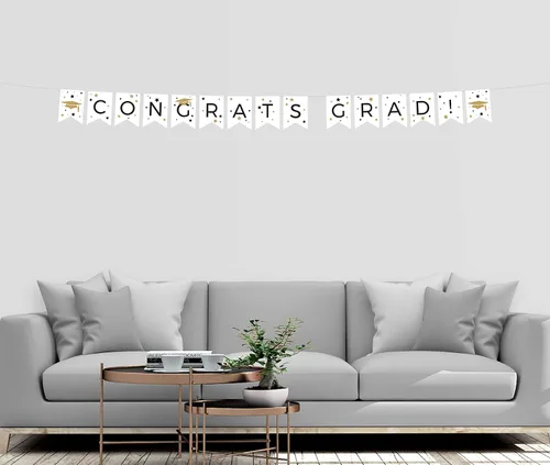 Miniatura 4 de Andaz Press Colección de fiesta de graduación con purpurina blanca y dorada, banderín colgante con cuerda, Congrats Grad!, 5 pies, 1 juego