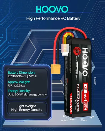Miniatura 3 de HOOVO 4S Lipo - Batería 9200mAh 14.8V 100C con enchufe XT90, placas de metal, funda suave para RC Truck Truggy Buggy Tank RC Car Racing Hobby