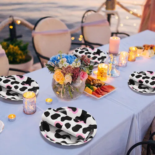 Miniatura 6 de Yaomiao 120 piezas de suministros de fiesta de vaquera vaquera, platos con estampado de vaca y servilletas para niñas y niños, decoración