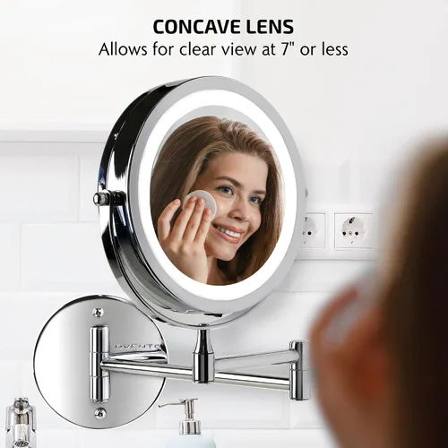Miniatura 10 de Espejo de maquillaje iluminado OVENTE de 6.8" montado en pared, aumento 1X y 7X, LED doble cara ajustable y redonda, brazo extendible, retráctil