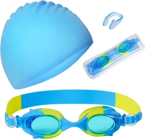 Miniatura 8 de Gorro de natación para niños y niñas, gorro de natación de silicona para cabello corto con gafas de natación y clip para la nariz, gorras de baño