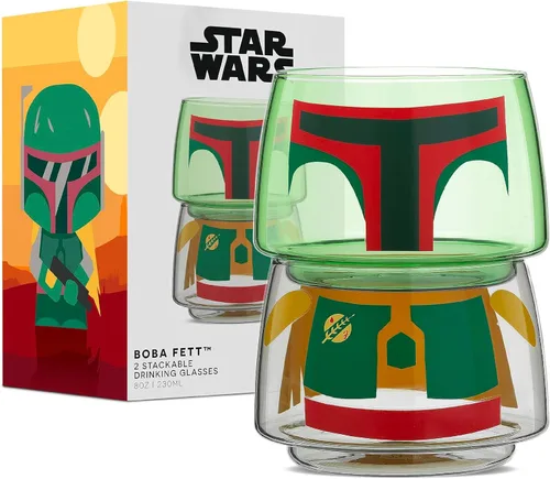 JoyJolt Tazas apilables con diseño de personajes de Star Wars - 8oz Boba Fett Set de 2 vasos de vidrio con cabeza y cuerpo - Vasos divertidos para