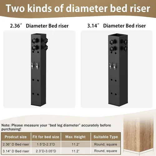 Miniatura 2 de Up Grade - Paquete de 4 elevadores de cama de acero al carbono de 2.4 pulgadas de diámetro para marco de cama cuadrado de madera, mesa ajustable a