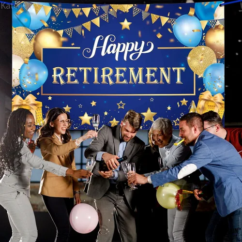 Miniatura 6 de KatchOn Cartel de feliz jubilación extra grande de 72 x 44 pulgadas, decoraciones azules y doradas, telón de fondo para fiesta, decoraciones