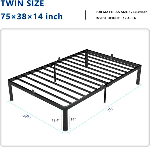 Miniatura 3 de yookare Armazón de cama de plataforma de metal Twin de 14 pulgadas con esquinas redondas y retenedores de colchón, soporte de listones de acero
