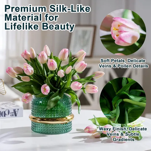 Miniatura 2 de Bailikang 20 piezas de tulipanes artificiales, flores de seda de tulipanes falsos, ramo artificial de PU, flores artificiales de imitación con caja