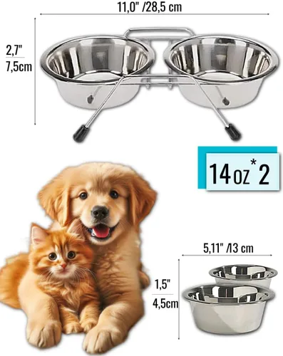 Miniatura 3 de Cuencos para mascotas para perros y gatos, con 2 cuencos, base de soporte de hierro, soporte para doble tazón, dos de acero extraíbles (14 onzas)