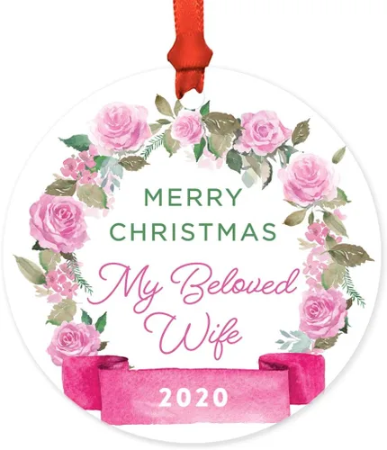 Miniatura 9 de Andaz Press Adorno de Navidad de madera grabado con láser para aniversario de boda, 1 año juntos, Navidad 2025, pancarta de flores rosas, 1 paquete