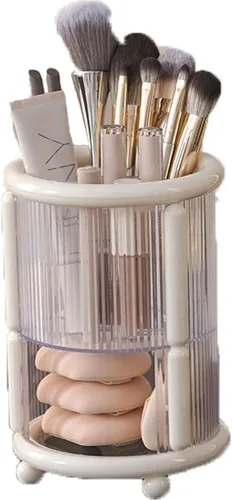 Miniatura 9 de Organizador de brochas de maquillaje mejorado con tapa, organizador de brochas de maquillaje a prueba de polvo con 4 compartimentos para tocador