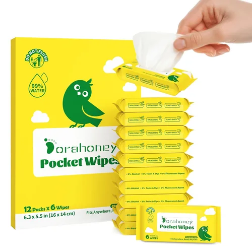 Miniatura 8 de Toallitas húmedas de viaje sin perfume, 99% de agua purificada para pieles sensibles, toallitas de bolsillo hipoalergénicas y sin plástico, 48