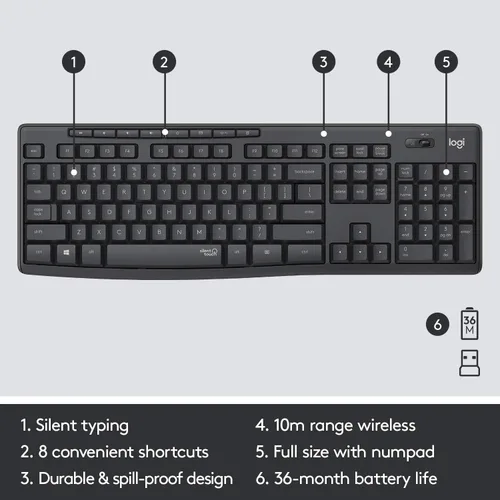 Miniatura 4 de Logitech MK295 - Teclado y mouse inalámbricos silenciosos, RF inalámbrico, QWERTY, negro, 104 teclas, 2,4 GHz, rango de 32.8 ft, tecnología
