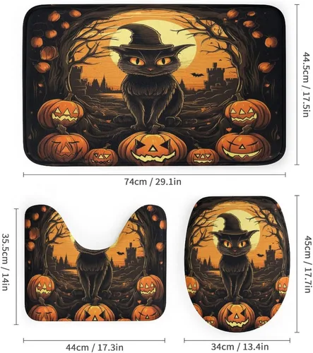 Miniatura 3 de Juego de 4 cortinas de ducha de Halloween, gato negro, luna llena, calabaza aterradora, cortina de ducha y alfombras, juego de cortina de ducha