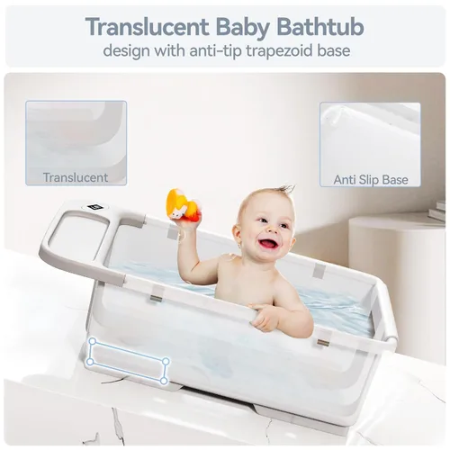 Miniatura 6 de Bañera de bebé plegable - Tina de baño de gran capacidad con termómetro y almohadilla suave Bañera portátil de viaje para recién nacidos e
