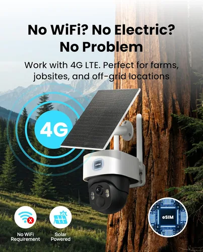 Miniatura 2 de Cámara de seguridad solar celular 4G LTE inalámbrica al aire libre, sin cámaras WiFi alimentadas por energía solar, vista en vivo de 360°