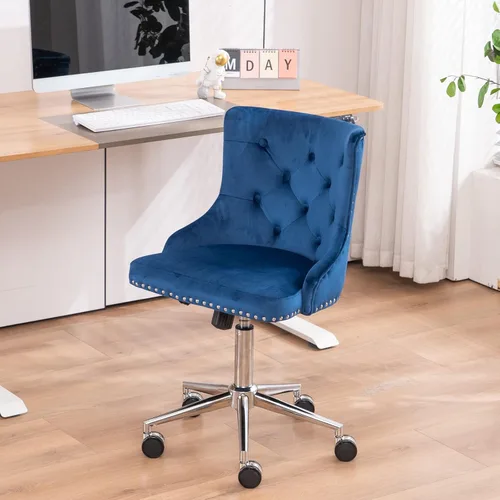 VINGLI Silla de Escritorio de Terciopelo Azul Marino sin Brazos para Oficina en Casa con Base/Ruedas Doradas, Linda Silla de Tocador/Maquillaje con