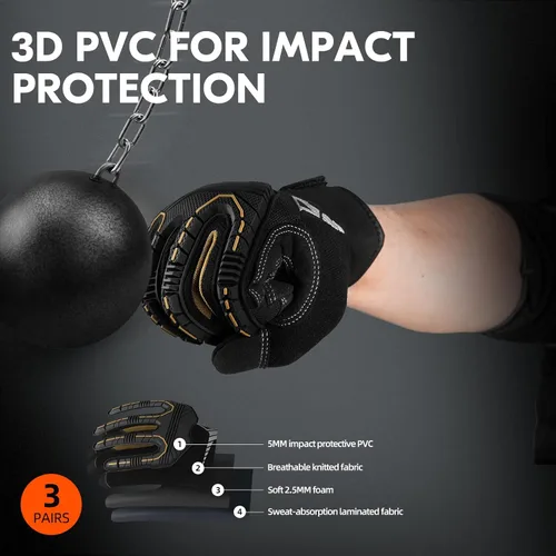 Miniatura 2 de Vgo - 3 pares de guantes sintéticos para protección de impactos, para mecánicos y perforadores, alta destreza, reduce vibraciones, compatibilidad