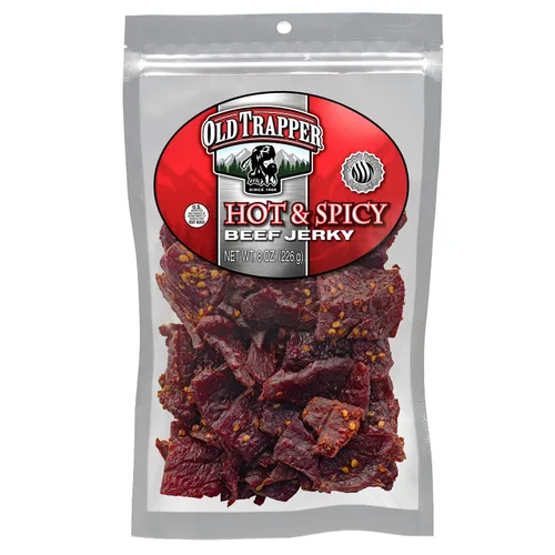 Cecina de res Old Trapper, caliente y picante 8 onzas, paquete individual, bocadillos de carne tierna y picante para almuerzos o entre comidas, 11