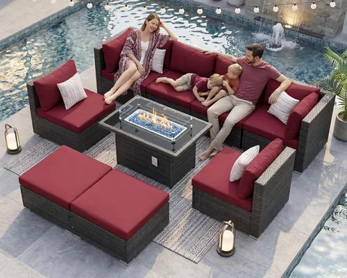 Miniatura 10 de BULEXYARD Juego de 7 piezas de sofá seccional para exteriores con respaldo alto, mesa para fogatas, juego de muebles de patio de mimbre resistente a