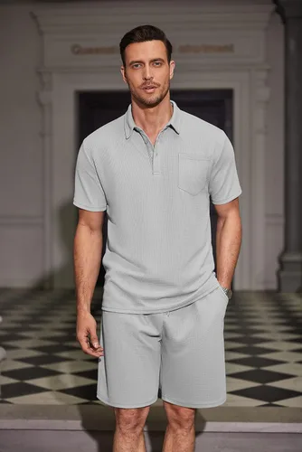 Miniatura 48 de COOFANDY Conjunto de camisa polo y pantalones cortos de punto gofre para hombre, conjunto de 2 piezas, traje de verano casual con bolsillos