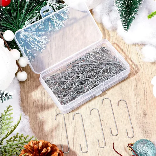 Miniatura 5 de Mixweer 120 ganchos de adorno de Navidad de 0.51 x 2.36 pulgadas en forma de C con caja de almacenamiento, ganchos de árbol de Navidad para Plata