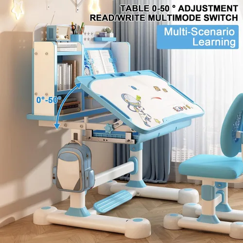 Miniatura 4 de Juego de silla de escritorio funcional para niños, juego de sillas de mesa escolar para niños con diseño de partición, altura ajustable, soporte Azul