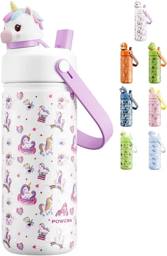 Miniatura 19 de POWCAN 12 oz Insulated Water Bottle for School: 2-in-1 Straw Spout Lid with Soft Animal Head, BPA-Free, Leakproof, Keep Cold 24H, Easy Carry
